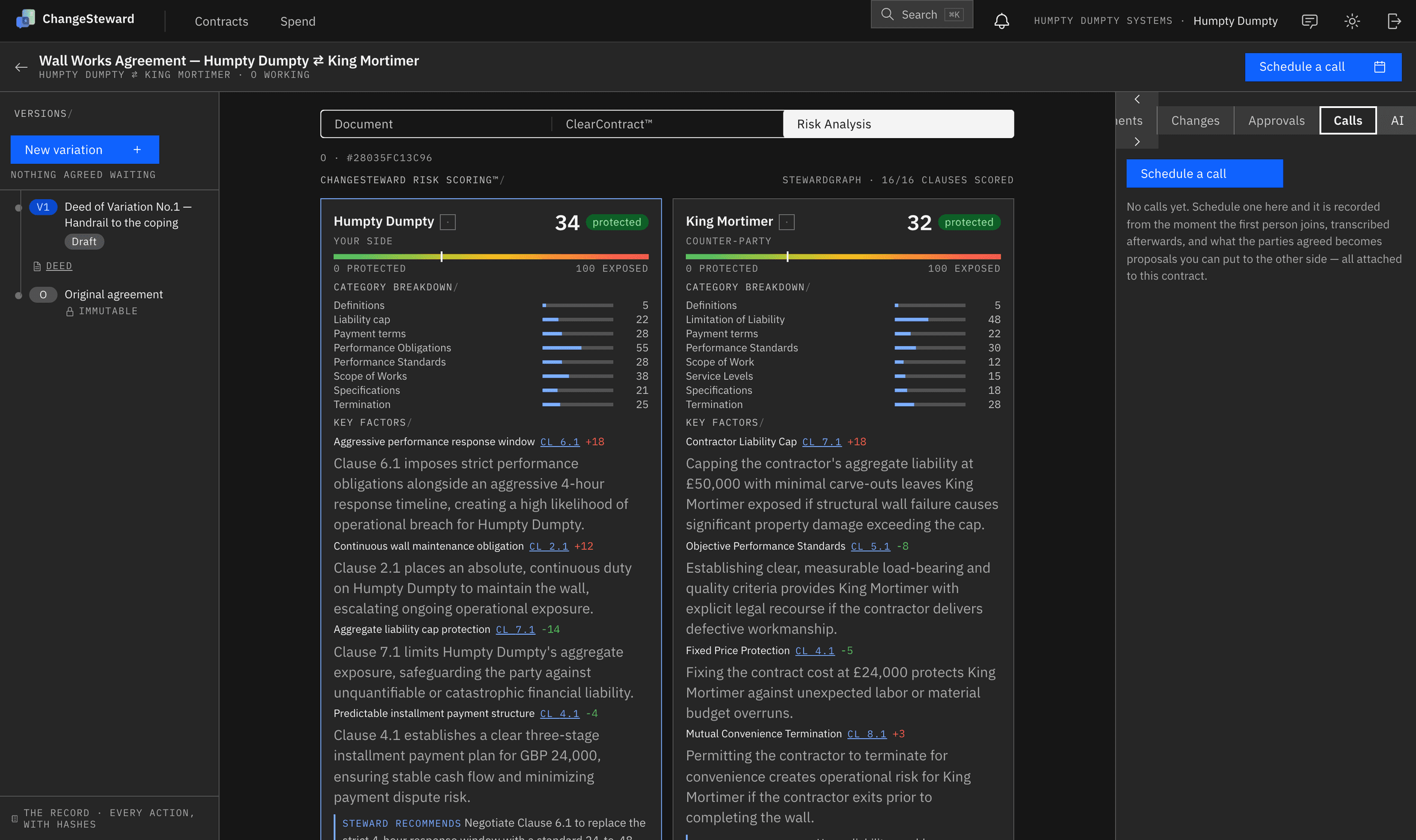 A live call with four participants, a running transcript, and detected changes listed